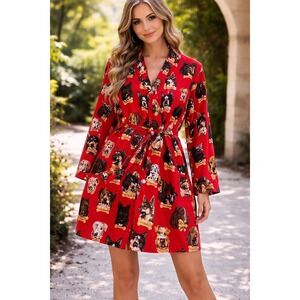 Nick & Nora Womens Red Dog Print Milk-Bone Cotton Robe Size L/XL  Flannel